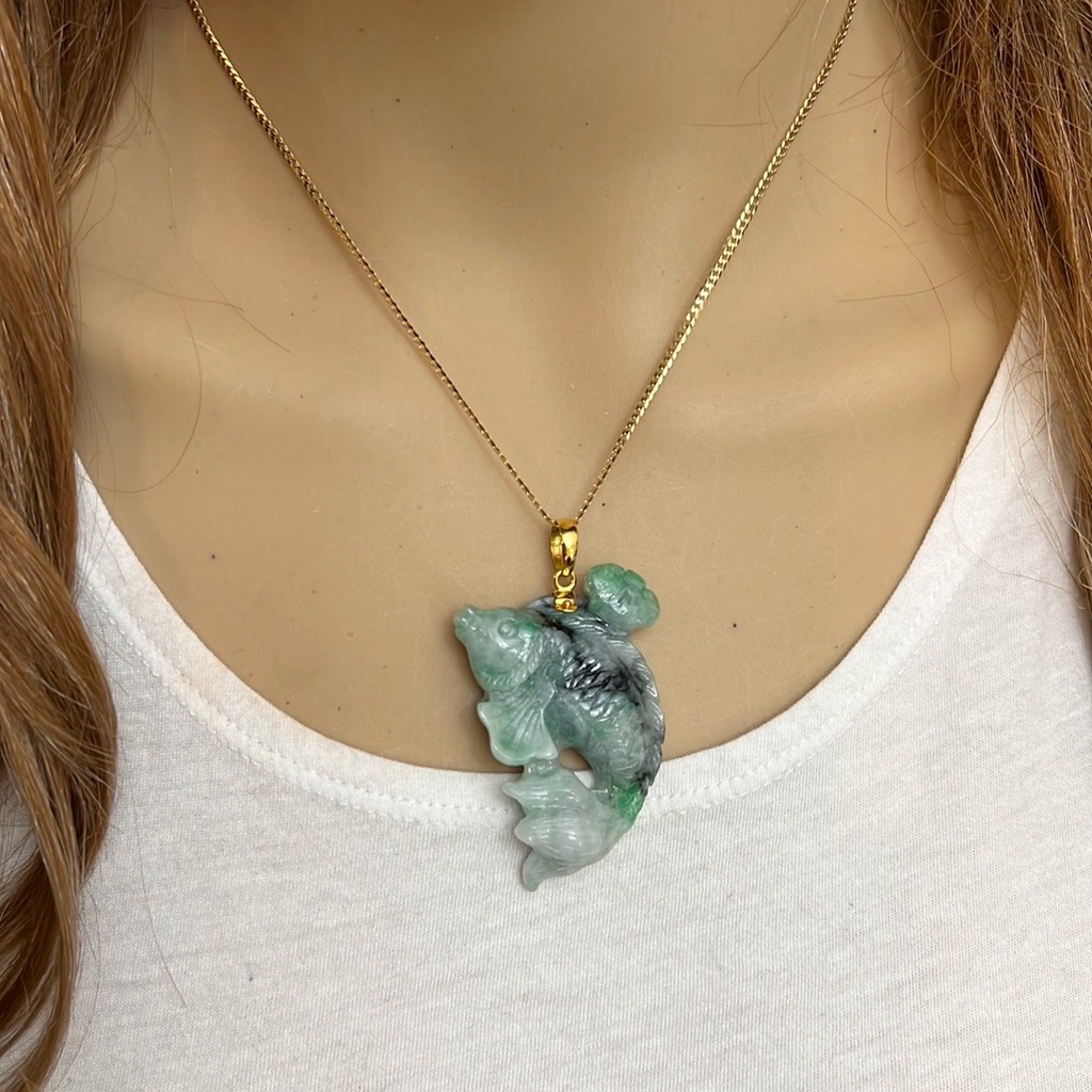 14k Solid Real Gold Natural Grade A Green Jade Carving Lucky Fish Pendant 618$